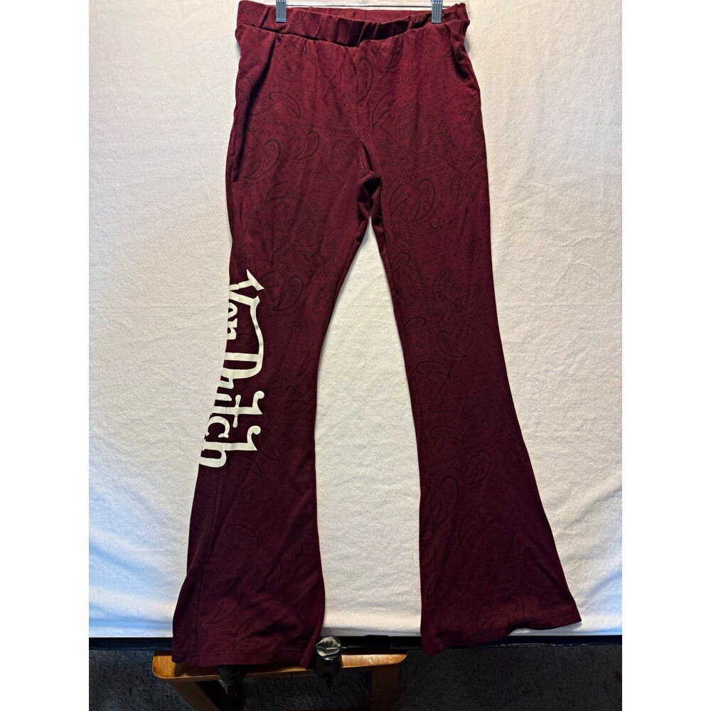 Von Dutch Women’s Burgundy Paisley Logo Leggings Pants Flared Leg Regular XL